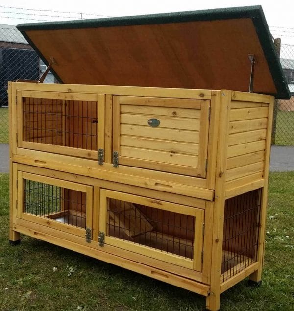natural wooden rabbit hutch with open roof