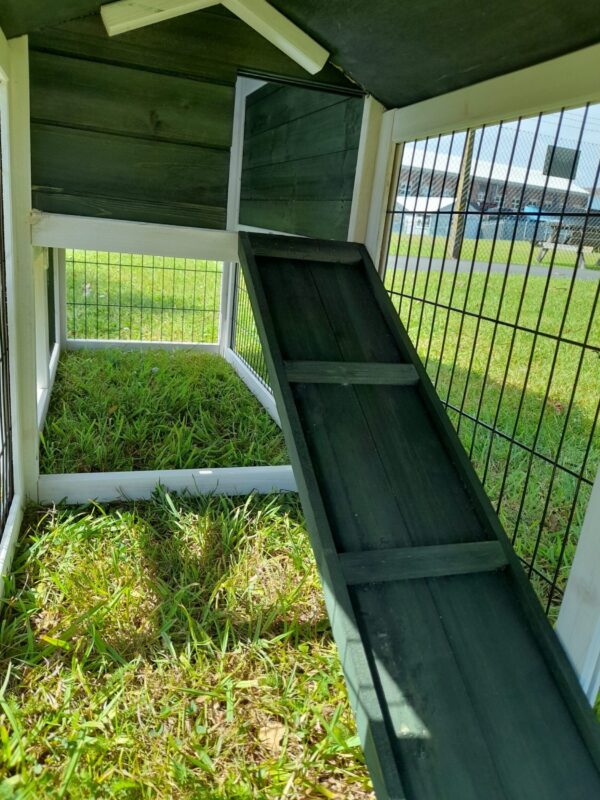 view of ramp on rabbit hutch, leading to grass area.